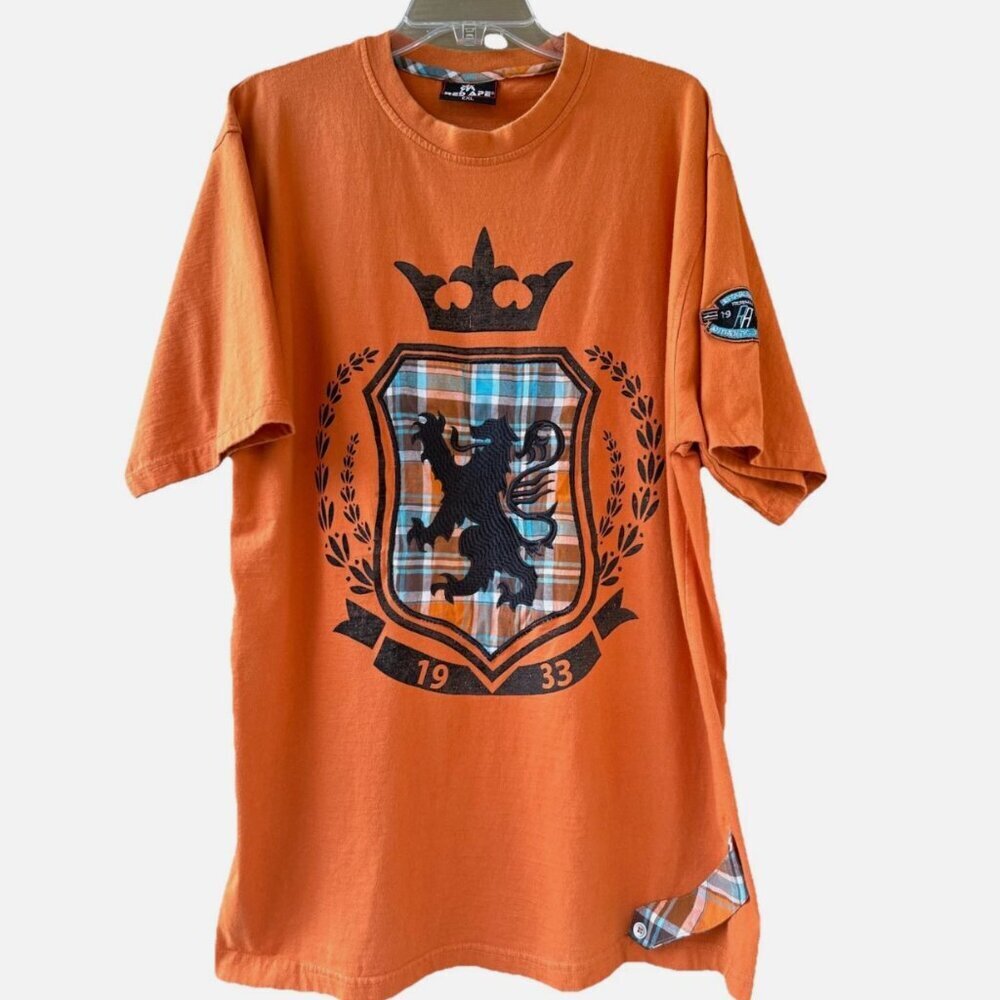 RED APE Men's Y2K Orange Patchwork Embroidered T-Shirt Size 2XL